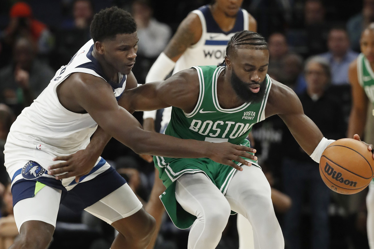 Nov 6, 2023; Minneapolis, Minnesota, USA; Minnesota Timberwolves forward Kyle Anderson (5) defends Boston Celtics forward Jaylen Brown (7) in the third quarter at Target Center.